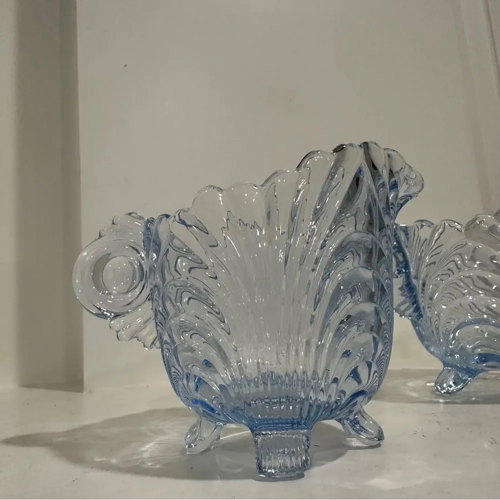 Vintage Blue Cambridge Glass Caprice Moonlight Blue Footed Sugar & Creamer 3”